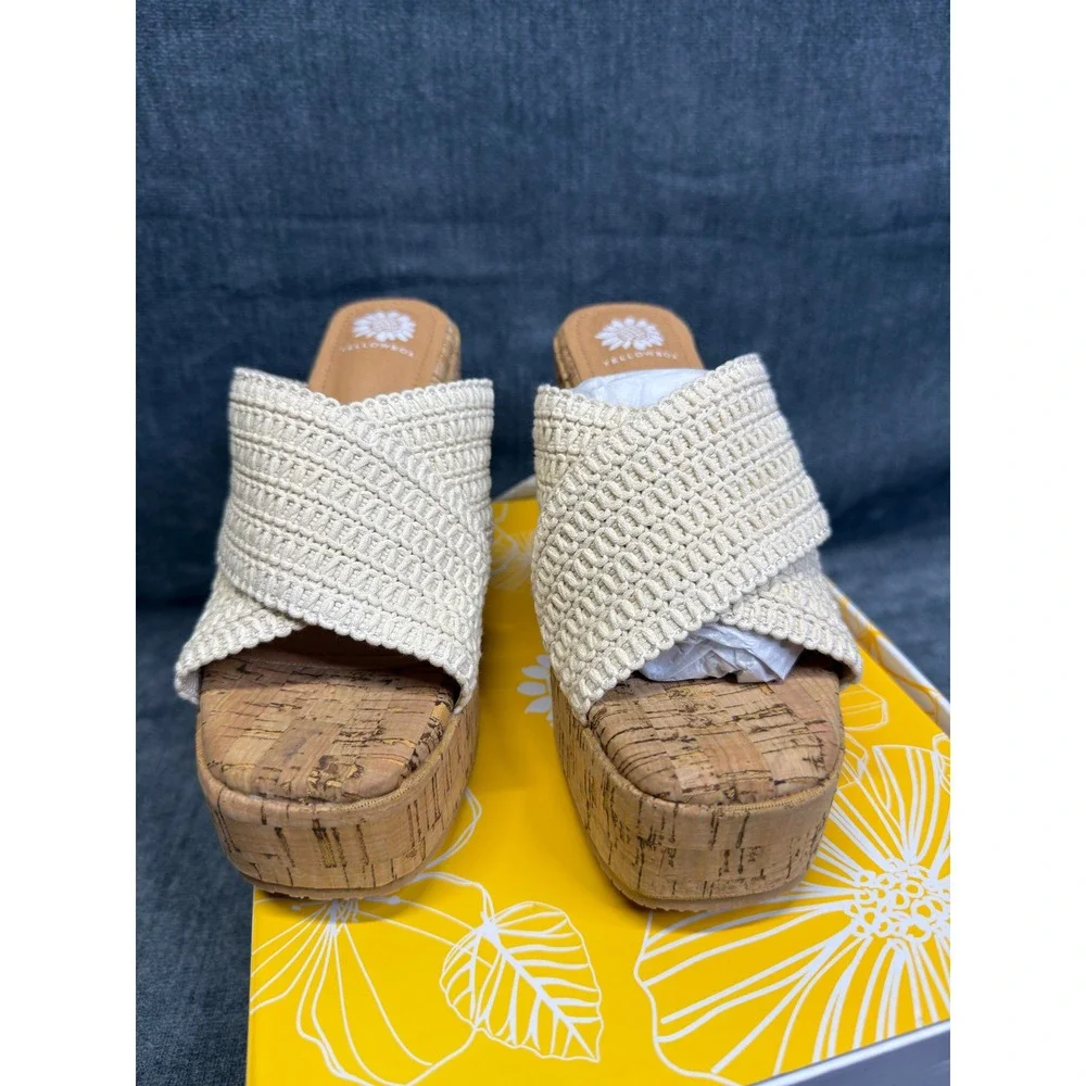 Yellow Box Halva Sandals Womens 7 Natural Woven Cork High Wedge Platform Slide